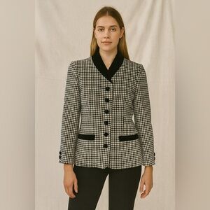 Vintage Wool Blend Blazer Black White Check Velvet Collar Pockets Size 6​​​​​​